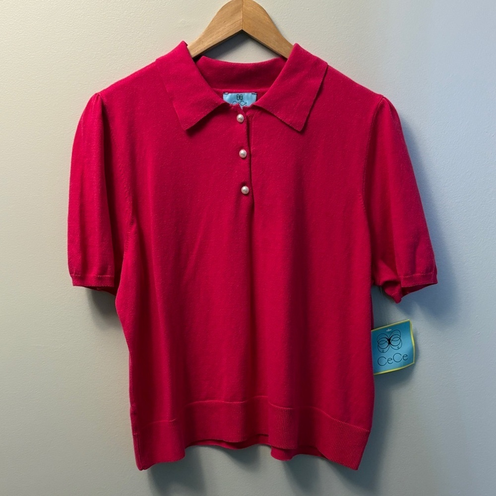 CeCe Bright Pink Short Sleeve Polo Sweater